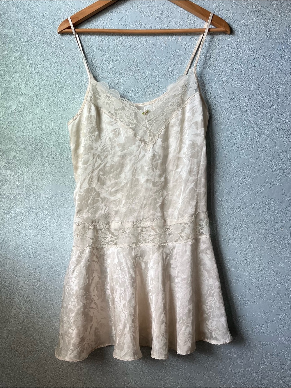 Ivory Satin Jacquard Lace Slip Dress Floral Lingerie Mini Dress M